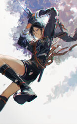  1boy arms_up black_gloves black_hair boots closed_mouth commentary_request dynamic_pose gloves hair_between_eyes highres jhm_xyz light_particles male_focus military military_uniform necktie purple_eyes short_hair short_sword shorts solo sword tantou touken_ranbu uniform weapon yagen_toushirou 