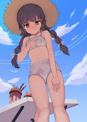  absurdres bikini black_hair blue_archive blue_sky braid cloud day dutch_angle female hat highres leaf_print long_hair miyu_(blue_archive) miyu_(swimsuit)_(blue_archive) navel official_alternate_costume outdoors red_eyes rensy sky solo stomach straw_hat swimsuit twin_braids 