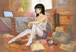  bare_shoulders bed bedroom black_hair blue_shorts blunt_bangs book boombox breasts camisole can cd cd_case closed_mouth commentary commission computer computer_mouse drink_can drinking_straw elbow_rest english_commentary expressionless female flip-flops food_packaging full_body green_eyes heart heart_print ilya_kuvshinov indoors knee_up lamp laptop light_particles long_hair medium_breasts messy_room nightstand on_ground open_book original panties pillow pink_panties poster_(object) print_panties sandals scarf shoes short_shorts shorts sitting soda_can solo spaghetti_strap thighhighs underwear unworn_footwear unworn_panties unworn_scarf unworn_shirt unworn_thighhighs white_camisole white_thighhighs window 