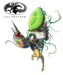  arthropod_girl bee_girl belt belt_buckle black_skin boots buckle colored_eyelashes colored_skin commentary compound_eyes cyborg eidenjyou1997 english_commentary female fingernails genderswap_(mtf) green_nails haetori_bachi highres kaijin kamen_rider kamen_rider_(1st_series) logo monster_girl open_mouth plant plant_girl purple_eyes red_belt rule_63 sharp_fingernails simple_background solo stinger teeth thigh_boots upper_teeth_only venus_flytrap vines white_background white_hair yellow_footwear 