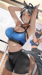  absurdres ahoge alternate_costume animal_ears armpits arms_up bike_shorts black_hair black_shorts blue_eyes blue_sports_bra blush breasts cleavage commentary_request dark-skinned_female dark_skin ear_ornament female fuji_kiseki_(umamusume) highres horse_ears horse_girl horse_tail jitome_no_tsugumi large_breasts looking_at_viewer mirror multicolored_hair reflection short_hair shorts smile solo sports_bra streaked_hair sweaty_clothes tail umamusume white_hair 