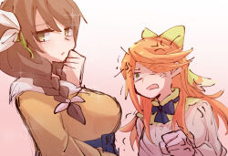  2girls alonemistrist black_bow black_bowtie bow bowtie breasts brown_hair etie_(fire_emblem) fire_emblem fire_emblem_engage goldmary_(fire_emblem) green_bow green_eyes hairbow large_breasts long_hair long_sleeves multiple_girls orange_hair swept_bangs yellow_eyes 