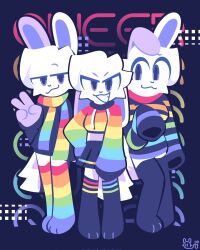  2024 anthro artifyber biped black_eyes blue_eyes clothing female fur group hi_res lagomorph leporid looking_at_viewer male mammal multicolored_clothing rabbit rainbow_clothing slim_anthro slim_male standing trio white_body white_fur 