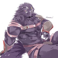  abs anthro armor bathym_(tas) canid canine canis chest_tuft clothing demon eyeliner fur gauntlets gloves handwear hi_res lifewonders living_tail makeup male mammal mane pauldron pecs petadodu pink_leather purple_body purple_fur red_eyeliner sitting solo tail thong tokyo_afterschool_summoners tuft underwear unusual_anatomy unusual_tail wolf 