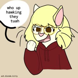  1:1 anthro ashblondekittyy ashlyn_summer blonde_hair brown_eyes clothing dialogue domestic_cat english_text eyewear felid feline felis female fur glasses hair hawk_tuah_meme hoodie humor mammal markings pink_nose red_clothing red_hoodie red_topwear solo spots spotted_body spotted_fur text topwear whiskers white_body white_fur yellow_body yellow_fur 