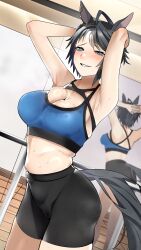  absurdres ahoge alternate_costume animal_ears armpits arms_up bike_shorts black_hair black_shorts blue_eyes blue_sports_bra blush breasts cleavage commentary_request ear_ornament female fuji_kiseki_(umamusume) highres horse_ears horse_girl horse_tail jitome_no_tsugumi large_breasts looking_at_viewer mirror multicolored_hair reflection short_hair shorts smile solo sports_bra streaked_hair sweaty_clothes tail umamusume white_hair 