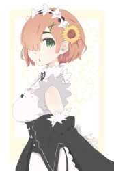  absurdres alternate_costume black_sleeves breasts brown_hair commentary_request cosplay detached_sleeves dress enmaided eyebrows_hidden_by_hair female floral_background flower from_side green_eyes hair_flower hair_ornament hair_over_one_eye hairclip highres honma_himawari juliet_sleeves long_sleeves maid medium_breasts nijisanji puffy_sleeves re:zero_kara_hajimeru_isekai_seikatsu roswaal_mansion_maid_uniform short_hair solo thick_eyebrows virtual_youtuber white_background white_dress x_hair_ornament yellow_flower yowayowap 