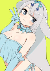  absurdres bare_shoulders blue_eyes breasts choker cleavage dugong_(kemono_friends) elbow_gloves female fins gloves grey_hair hair_ornament head_fins highres kanmoku-san kemono_friends large_breasts long_hair looking_at_viewer simple_background solo strapless swimsuit tube_top v yellow_background 