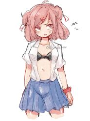  annoyed arm_at_side arm_behind_back artist_name averting_eyes black_bra blue_skirt blush bob_cut bra breasts collarbone collared_shirt cropped_legs doki_doki_literature_club dress_shirt embarrassed female hair_ornament hair_ribbon head_tilt highres ituu_kiriko lace-trimmed_bra lace_trim looking_to_the_side looking_up midriff natsuki_(doki_doki_literature_club) navel open_clothes open_shirt parted_lips pink_eyes pink_hair pleated_skirt red_ribbon red_scrunchie ribbon school_uniform scribble scrunchie shirt short_hair short_sleeves signature simple_background skirt small_breasts solo standing sweatdrop swept_bangs twitter_username two_side_up underwear v-shaped_eyebrows white_background wrist_scrunchie x_hair_ornament 