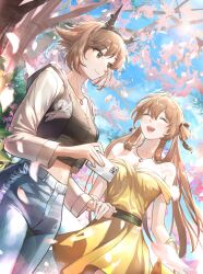  2girls artist_request bare_shoulders breasts brown_hair cellphone cherry_blossoms cleavage closed_eyes closed_mouth commission crop_top crossover day denim dress girls&#039;_frontline green_eyes hair_ribbon headgear heart_lock_(kantai_collection) highres holding holding_phone jacket kantai_collection korean_commentary long_hair midriff multiple_girls mutsu_(kancolle) open_clothes open_jacket open_mouth outdoors pants petals phone ribbon second-party_source short_hair smartphone springfield_(girls&#039;_frontline) strapless strapless_dress yellow_dress 