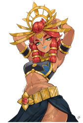  armpits arms_up artist_logo blue_lips bracelet braid circlet dark-skinned_female dark_skin delux_drawings female gerudo green_eyes hair_around_ear jewelry lipstick long_hair looking_at_viewer makeup midriff navel pointy_ears red_hair riju smile solo the_legend_of_zelda the_legend_of_zelda:_breath_of_the_wild the_legend_of_zelda:_tears_of_the_kingdom thick_eyebrows thigh_peek toned_female watermark white_background 