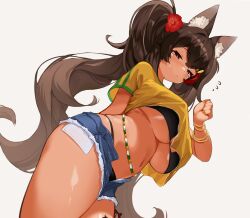  absurdres animal_ear_fluff animal_ears black_hair blush brazilian_miku brazilian_miku_(cosplay) breasts cosplay female hatsune_miku highres hololive long_hair looking_at_viewer ookami_mio tan twintails underboob virtual_youtuber wolf_ears wolf_girl xiaodong327399 