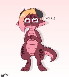  after_transformation ayvieart blonde_hair bodily_fluids claws crying cute_fangs dragon_hrt_(series) female feral hair horn kobold patient_(dragon_hrt) pupils red_body red_eyes red_scales scales scalie shaking sharp_teeth signature simple_background slit_pupils solo tears teeth white_background 