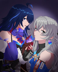  2girls ahoge bare_shoulders black_gloves blue_eyes blue_hair blue_scarf bronya_rand earrings fingerless_gloves gloves grey_eyes grey_hair highres honkai:_star_rail honkai_(series) jewelry long_hair looking_at_viewer multiple_girls satyharvenheit scarf seele_(honkai:_star_rail) upper_body very_long_hair 