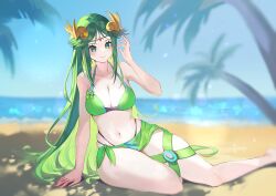  absurdres bare_arms beach belt blue_sky breasts commission cosplay diadem eunie_(xenoblade) eunie_(xenoblade)_(cosplay) female green_belt green_eyes green_hair green_sarong highres kid_icarus kid_icarus_uprising long_hair navel palm_tree palutena sarong signature sitting sky solo thick_thighs thighs tree very_long_hair xenoblade_chronicles_(series) xenoblade_chronicles_3 yasaikakiage 