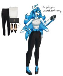  2020 5:6 anthro black_text blue_body blue_hair clothed clothing dialogue digital_media_(artwork) english_text eyebrows female footwear generation_3_pokemon hair hi_res holding_object latiar latias legendary_pokemon long_hair nintendo open_mouth pokemon pokemon_(species) pokemorph pupils shoes simple_background solo text tiara_(latiar) tongue white_sclera wings yellow_eyes 