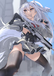  assault_rifle black_thighhighs blue_archive explosive female flashbang grenade grenade_pin_in_mouth grey_serafuku gun halo head_wings highres holding holding_grenade holding_gun holding_weapon long_hair looking_to_the_side mouth_hold panties pantyshot rifle school_uniform serafuku sig_mcx sig_sauer single_head_wing single_wing solo suzumi_(blue_archive) thighhighs underwear weapon white_hair white_panties wings zombie_mogura 