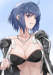  absurdres bikini black_bikini blue_eyes blue_hair ciel_(tsukihime) cross cross_necklace disgust female highres jacket jewelry necklace open_clothes open_jacket short_hair swimsuit tsukihime umeo_(pixiv51103813) 