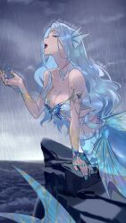  55mo3 absurdres blue_eyes blue_eyeshadow blue_hair blue_nails breasts butterfly_ornament cleavage eyeshadow female fingernails fins head_fins highres indie_virtual_youtuber long_hair makeup medium_breasts mermaid monarch_(amalee) monster_girl ocean oerba_yun_fang open_mouth rain second-party_source sharp_fingernails siren_(mythology) teeth upper_teeth_only virtual_youtuber 