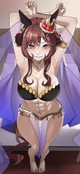  abs absurdres alternate_costume animal_ears armband armpits arms_up black_bra blush bra braided_hair_rings breasts brown_hair cleavage commentary_request ear_covers ear_ornament female full_body gentildonna_(umamusume) highres horse_ears horse_girl horse_tail jewelry jitome_no_tsugumi large_breasts long_hair navel pelvic_curtain red_eyes sidelocks smile solo stomach tail toe_ring umamusume underwear veil 