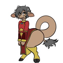  1:1 2024 anthro big_tail biped blush bovid bovine broken_horn brown_body brown_fur cattle claws clothed clothing digital_media_(artwork) female flat_chested fur gold_legwear grey_hair grey_horn hair hi_res hooves horn legwear looking_at_viewer mammal manitka manitka_(character) open_mouth orange_eyes red_clothing red_robe robe simple_background solo stockings tail teeth thick_thighs tongue white_background wide_hips 