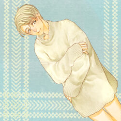  blonde_hair character_request check_character commentary_request crossed_arms female haru_(mu-mu-2014) long_sleeves nanaba shingeki_no_kyojin short_hair sleeves_past_wrists smile solo sweater 