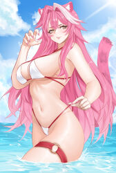  absurdres animal_ear_fluff animal_ears bare_shoulders bikini blue_sky blush breasts claw_pose cloud cloudy_sky commentary day eyeshadow female fingernails hair_intakes highres hololive hololive_english large_breasts long_hair makeup multicolored_hair nail_polish navel o-ring o-ring_thigh_strap ocean outdoors panther_ears panther_girl panther_tail pink_eyeshadow pink_hair pink_lips pink_nails pulling_own_clothes puroy raora_panthera sky smile solo stomach strap_pull streaked_hair swimsuit tail thigh_strap thighs two-tone_hair virtual_youtuber wading water white_bikini yellow_eyes 