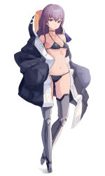  absurdres animal_hood bikini black_bikini black_choker black_jacket blue_eyes breasts choker collarbone commentary_request fate/grand_order fate_(series) female full_body ggab0621 hair_between_eyes highres hood hood_down hooded_jacket jacket korean_commentary long_hair looking_at_viewer meltryllis_(fate) meltryllis_(swimsuit_lancer)_(fate) meltryllis_(swimsuit_lancer)_(first_ascension)_(fate) multicolored_clothes multicolored_jacket navel open_clothes open_jacket penguin_hood purple_hair simple_background small_breasts solo standing stomach string_bikini swimsuit white_background white_jacket 