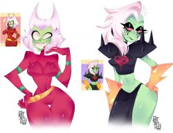  alien alien_humanoid black_eyes bottomwear breasts butt_witch clothed clothing disney duo female freckles gloves hair half-closed_eyes hand_on_hip hand_on_own_hip handwear hi_res humanoid humanoid_pointy_ears kaibee_art long_hair looking_at_viewer lord_dominator midriff narrowed_eyes noseless not_furry pink_sclera signature small_waist standing teeth tight_clothing toothy_grin topwear twelve_forever wander_over_yonder wide_hips 