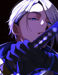  1boy absurdres bishounen black_background black_gloves blue_eyes commentary eyelashes gloves grey_hair highres holding holding_sword holding_weapon karaaa katana light_particles lips male_focus narrowed_eyes parted_lips portrait short_hair side_part solo sword touken_ranbu weapon white_hair yamanbagiri_chougi 