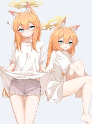  :d ? absurdres alternate_costume animal_ear_fluff animal_ears bare_legs blue_archive blue_eyes blush cat_ears clothes_lift expressionless female from_side hair_between_eyes halo highres kabocya_na lifting_own_clothes long_hair mari_(blue_archive) multiple_views orange_hair presenting shirt shirt_lift sitting sleepwear smile standing very_long_hair white_shirt yellow_halo 