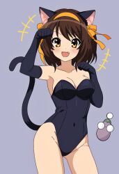  animal_ears black_leotard blush breasts brown_eyes brown_hair cat_ears cat_tail covered_navel female groin hair_ribbon hairband highres leotard medium_breasts medium_hair oerba_yun_fang orange_hairband ribbon solo suzumiya_haruhi suzumiya_haruhi_no_yuuutsu tail thighs yuiyu_ki 