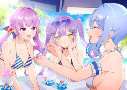  3girls ahoge beach beach_umbrella bikini black_bikini blue_hair blush braid breasts choker cleavage closed_eyes commentary condom diagonal-striped_bikini diagonal-striped_clothes drill_hair eyewear_on_head feeding food green_eyes hair_ornament hairclip halterneck heart heart-shaped_eyewear hololive hoshimachi_suisei medium_breasts minato_aqua minato_aqua_(hololive_summer_2019) multiple_girls o-ring o-ring_choker ocean purple_eyes purple_hair satsuki_(pixiv_742410) shaved_ice side_braid sideboob small_breasts startend_(hololive) striped_clothes summer sunglasses swimsuit table tokoyami_towa tropical twin_drills twintails umbrella used_condom virtual_youtuber white_bikini yuri 