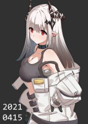  arknights black_choker black_sports_bra choker demon_horns dishui_tangni female horns infection_monitor_(arknights) jumpsuit mudrock_(arknights) open_jumpsuit pointy_ears red_eyes solo sports_bra white_hair white_jumpsuit 