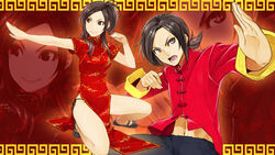  1boy background china_dress chinese_clothes dress female fighting_stance fingernails kneeling legs lips martial_artists nail_polish navel open_clothes open_mouth open_shirt original panties pattern patterned payot pixiv_thumbnail poaro red_shirt resized shirt short_ponytail side-tie_panties sidelocks underwear zoom_layer 