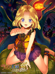  ankle_garter barefoot bat_(animal) blonde_hair blue_eyes bow bug choker commentary_request copyright_name female glowing glowing_eyes halloween iris_chateaubriand jack-o&#039;-lantern lantern official_art paper_lantern pumpkin pumpkin_choker purple_bow sakura_taisen sitting solo spider tree wariza yuasa_tsugumi 