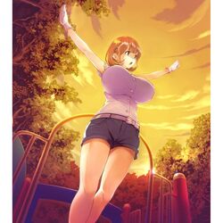  arms_up bangs belt bow breasts brown_eyes brown_hair dutch_angle female female gloves hairpin highres huge_breasts impossible_clothes impossible_shirt jean_shorts jeans leaf legs narusawa_ryouka occultic;nine open_mouth orange orange_sky outdoors outstretched_arms shirt short_hair short_sleeves shorts sky standing sunset trees white_gloves 