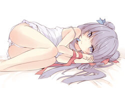  bangs blue_ribbon camisole double_bun female hair_ribbon kedama_milk long_hair looking_at_viewer lying on_side panties pantyshot pantyshot_(lying) patchouli_knowledge purple_eyes purple_hair red_ribbon ribbon simple_background smile solo strap_gap strap_slip touhou underwear very_long_hair white_background white_panties 