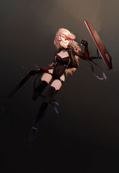  ankle_boots black_footwear black_gloves black_jacket black_leotard black_thighhighs boots breasts brown_hair chen_feng_si cleavage cleavage_cutout closed_mouth clothing_cutout commentary_request covered_navel earrings expressionless eyes_visible_through_hair female fingerless_gloves full_body girls&#039;_frontline gloves gun hair_between_eyes highres holding holding_gun holding_weapon jacket jewelry large_breasts leg_up leotard lever_action light_particles long_hair looking_away m1887_(girls&#039;_frontline) medium_breasts multicolored_hair pendant red_eyes red_hair shield shield_module shotgun sidelocks simple_background solo streaked_hair thigh_strap thighhighs wavy_hair weapon 