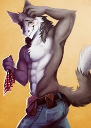  2014 abs allegretto_chrys athletic avoid_posting belt biceps bottomwear chest_tuft clothed clothing denim denim_bottomwear denim_clothing engineer_(disambiguation) fur hi_res jeans littlefreckles male mammal muscular pants pecs pouches sergal smile solo topless tuft 