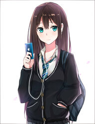  bad_id bad_pixiv_id blush brown_hair cardigan digital_media_player earphones earrings female green_eyes hand_in_pocket highres idolmaster idolmaster_cinderella_girls ipod ipod_nano jewelry kyouki long_hair looking_at_viewer necklace necktie photoshop_(medium) school_uniform shibuya_rin skirt solo 