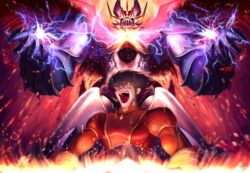  1boy 1other bad_id bad_pixiv_id brown_eyes brown_hair crazy_eyes domehada_pari energy fire highres kabuto_kouji lightning mazinger_(series) mazinkaiser mazinkaiser_(robot) mecha pilot_suit robot shouting sideburns signature super_robot super_robot_wars 