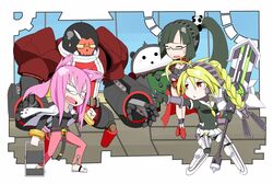  3girls animal_ears arakune ariadne_(persona) ariadne_(persona)_(cosplay) bell blazblue blonde_hair blush_stickers breasts cat_ears chair cleavage clenched_hand closed_eyes commentary_request cosplay crossover glasses green_hair iron_tager kokonoe_(blazblue) kuma_(persona_4) kuma_(persona_4)_(cosplay) kuroshiro_(ms-2420) labrys_(persona) labrys_(persona)_(cosplay) lambda-11 lao_jiu litchi_faye_ling long_hair medium_breasts multiple_girls panda persona persona_4:_the_ultimate_in_mayonaka_arena pink_hair ponytail red_eyes sweatdrop take-mikazuchi take-mikazuchi_(cosplay) tatsumi_kanji tatsumi_kanji_(cosplay) weapon 