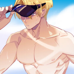  1boy abs adjusting_clothes adjusting_headwear arm_out_of_frame arm_up bare_shoulders blonde_hair blue_eyes blue_sky cloud commentary dimitri_alexandre_blaiddyd dimitri_alexandre_blaiddyd_(summer) fire_emblem fire_emblem:_three_houses fire_emblem_heroes looking_to_the_side male_focus nipples one_eye_covered pectorals sky solo summer topless_male upper_body vgmondo visor_cap 