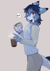  absurd_res anthro biped blue_body blue_hair blue_tail clothed clothing derio_(kakhao) fish food hair hi_res holding_coffee holding_food holding_object holding_sandwich kakhao looking_at_viewer male marine mouth_closed question_mark red_eyes sandwich_(food) shark simple_background solo speech_bubble tail tan_background 