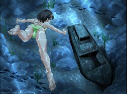  ass at_night_in_a_party:_the_whisper_of_the_sea big_breasts bikini black_eyes black_hair breasts feet female female_only fish foxeye_(artist) foxeye_limited_game_collection game_cg green_bikini karin_(foxeye) original ship shipwreck solo solo_female strapless_bikini strapless_bra sunken_ship swimming swimsuit underwater 