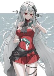  absurdres aqua_gloves arknights ascot bare_shoulders black_ascot breasts clothing_cutout dress female gloves grey_hair highres infection_monitor_(arknights) leg_ribbon long_hair looking_at_viewer low-tied_long_hair medium_breasts navel_cutout official_alternate_costume red_dress red_eyes ribbon sash skadi_(arknights) skadi_the_corrupting_heart_(arknights) sleeveless sleeveless_dress solo very_long_hair waist_sash yuuki_(fehr2487) 