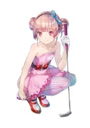  atelier_(series) atelier_lydie_&amp;_suelle bare_shoulders belt blue_ribbon breasts closed_mouth commentary_request double_bun dress female full_body golf_club hair_bun hair_ribbon hairband holding holding_golf_club looking_at_viewer lydie_malen minna_no_golf official_alternate_costume official_art pink_dress pink_eyes pink_hair red_belt red_footwear ribbon second-party_source shoes short_hair simple_background small_breasts smile solo squatting strapless strapless_dress white_background 