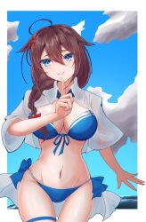  ahoge akatsuki_hikaru bikini black_ribbon blue_bikini blue_eyes blue_sky braid breasts brown_eyes cloud female front-tie_bikini_top front-tie_top hair_between_eyes hair_flaps hair_over_shoulder hat highres index_finger_raised kantai_collection large_breasts long_hair neck_ribbon official_alternate_costume open_clothes open_shirt ribbon shigure_(kancolle) shigure_kai_san_(kancolle) shigure_kai_san_(swimsuit)_(kancolle) shirt side-tie_bikini_bottom single_braid sky smile solo swimsuit thigh_gap white_shirt 