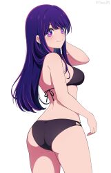  absurdres ass bikini black_bikini breasts female from_behind highres hoshino_ai_(oshi_no_ko) looking_at_viewer looking_back medium_breasts oshi_no_ko purple_eyes purple_hair simple_background solo standing star-shaped_pupils star_(symbol) swimsuit symbol-shaped_pupils white_background yisusjpl 